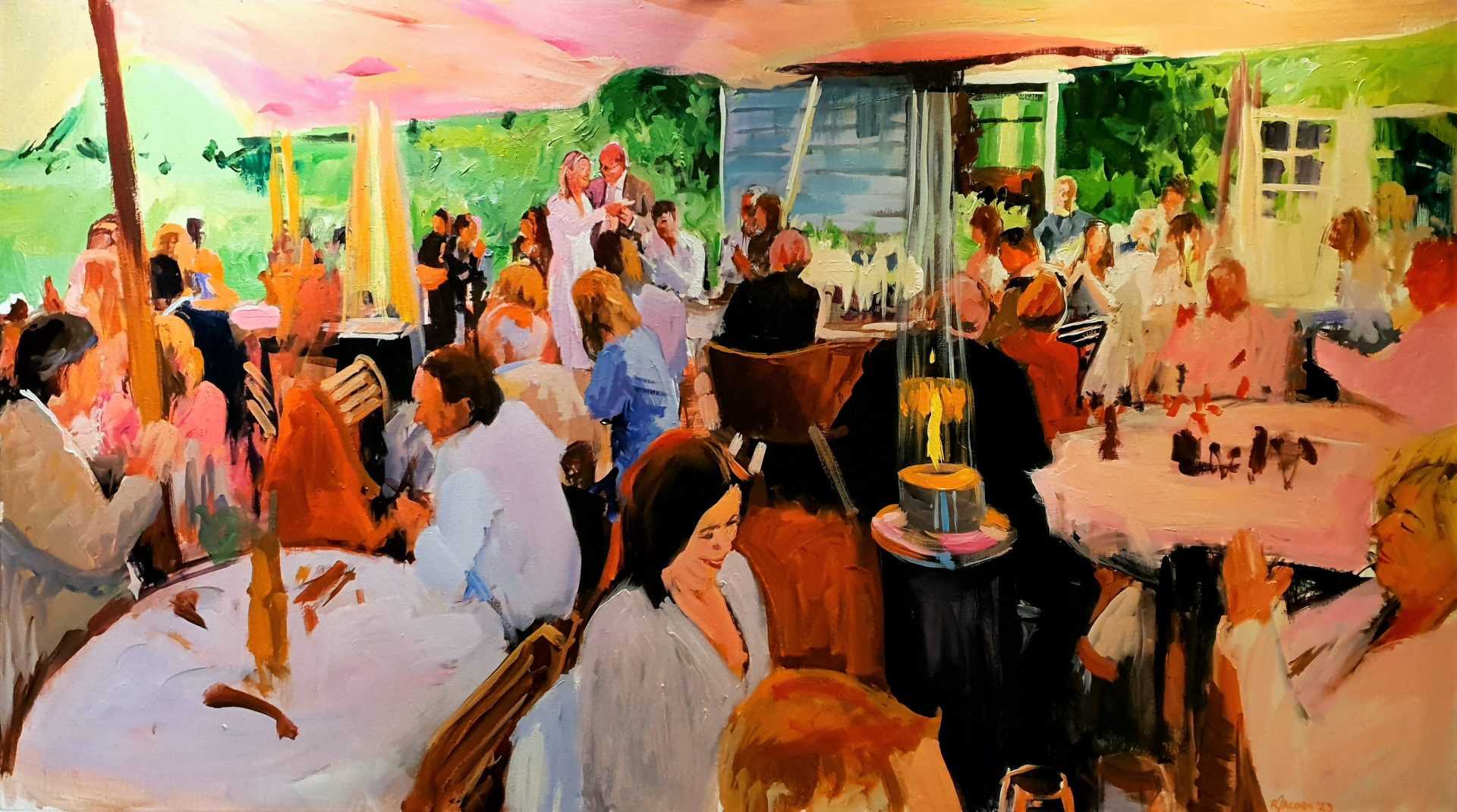 Rob Jacobs schildert live tijdens een feest met Iris van den Boogaart op een doek van 90x160cm