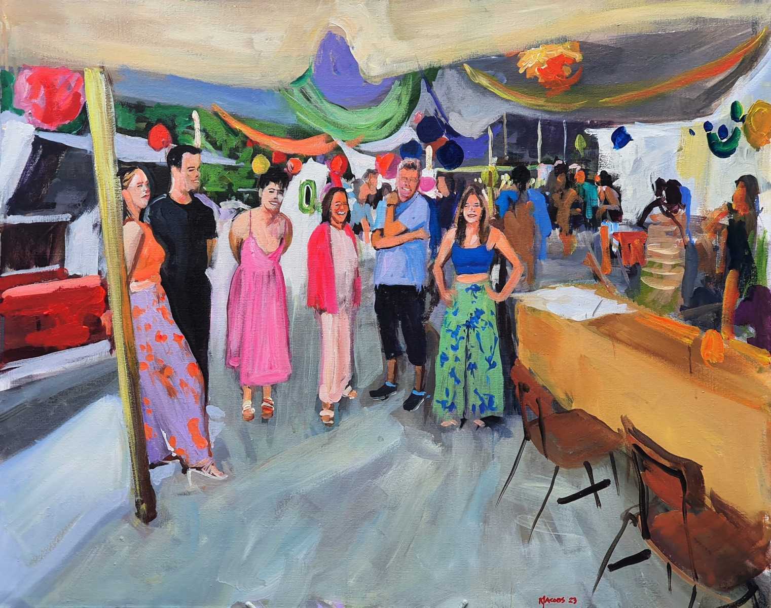 Rob Jacobs schildert live tijdens een etentje van Lian Rynja in Zeewolde op een doek van 80x100cm