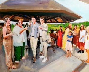 Rob Jacobs schildert live tijdens de jubileumviering van Hannah Smit in Ammerzoden, Gelderland, op een doek van 80x100cm