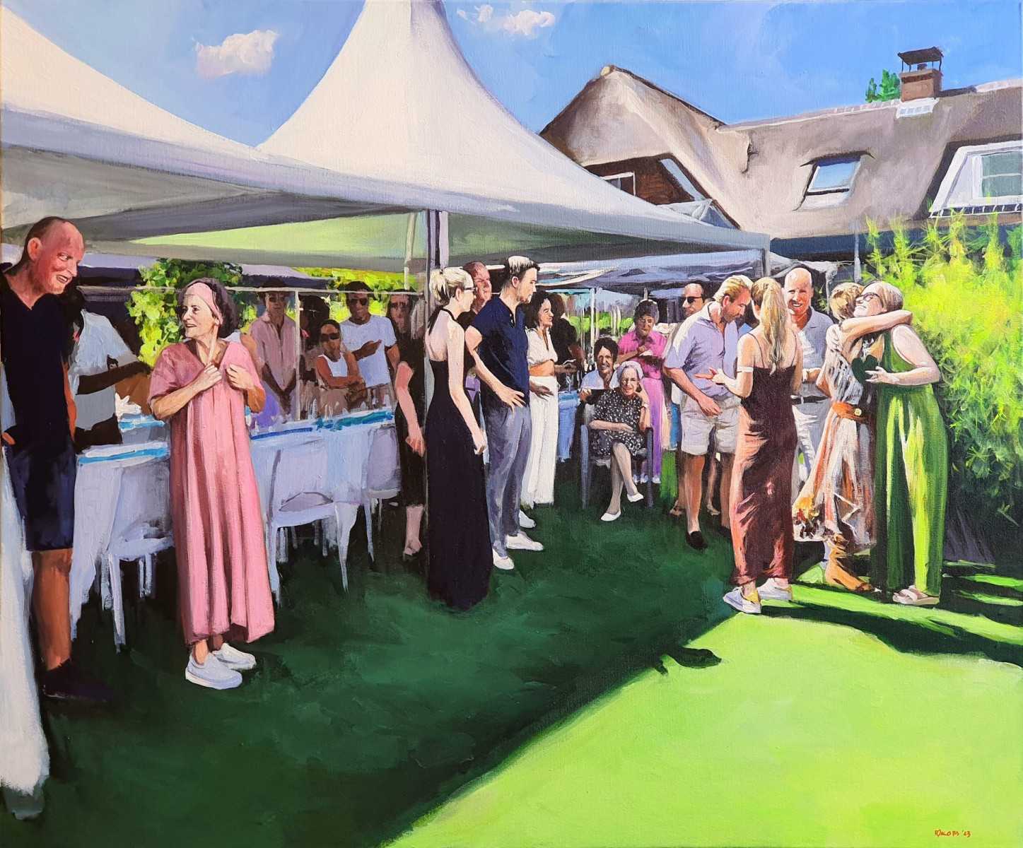 Rob Jacobs schildert live tijdens het jubileum van Charlotte Hoogeveen in Lexmond op een doek van 100x120cm