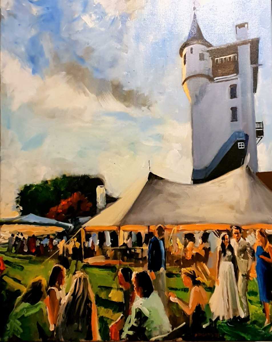 Rob Jacobs schildert live tijdens het huwelijksfeest van Esther Ketelaars in Haarle, Overijssel, op een doek van 80x100cm