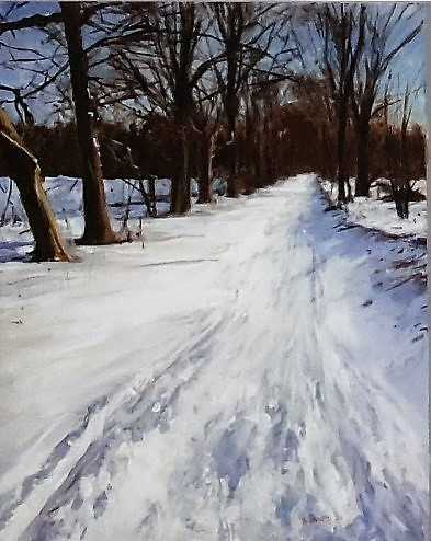 Rob Jacobs vangt de rust en schoonheid van een pad in Cromvoirt bedekt met sneeuw op een doek van 70x90cm.