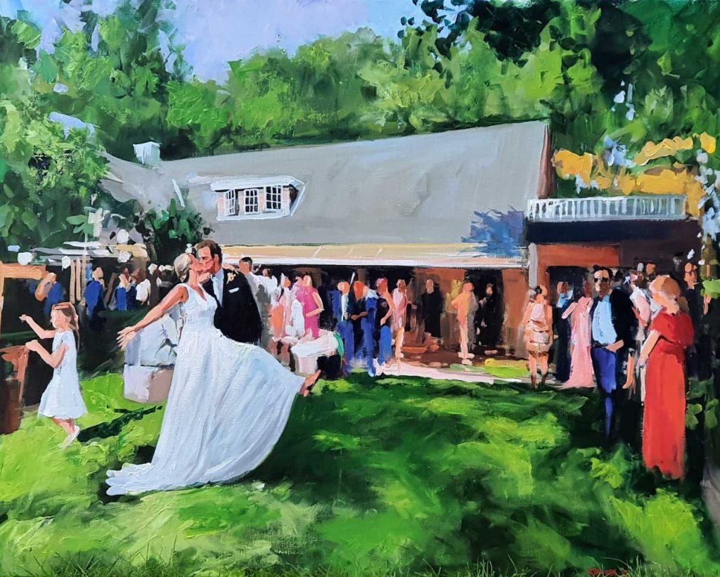 Rob Jacobs schildert live op een doek van 80x100cm tijdens een bruiloft in Vught, Noord-Brabant.