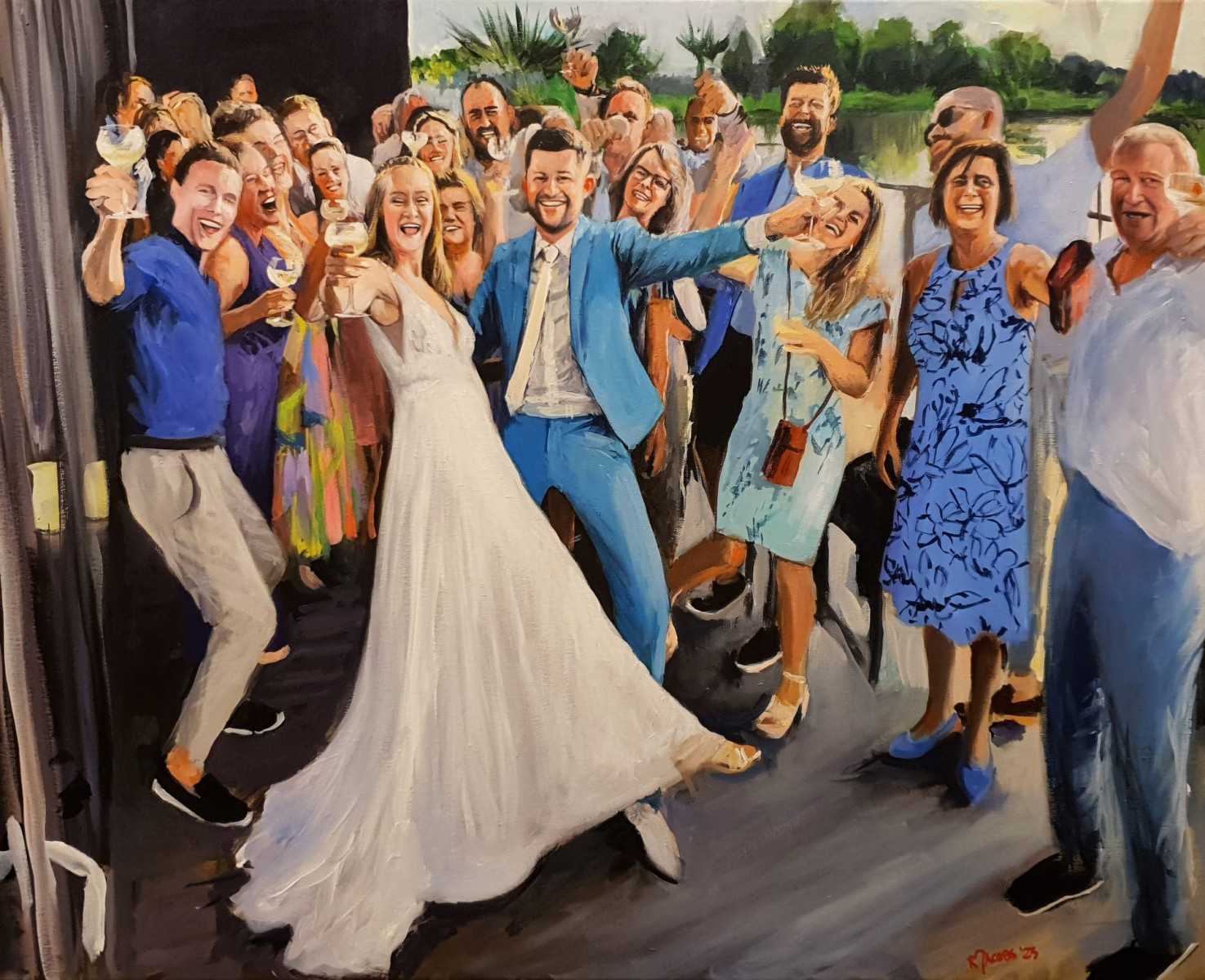 Rob Jacobs schildert live tijdens het huwelijksfeest van Celine Westend in Velserbroek, Noord-Holland, op een doek van 80x100cm