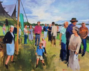 Rob Jacobs schildert live op een doek van 80x100cm tijdens een bruiloft in Noordwijkerhout, Zuid-Holland.