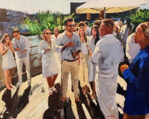 Rob Jacobs schildert live op een doek van 80x100cm tijdens een feest in Amsterdam, Noord-Holland.