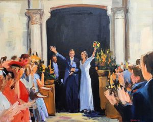 Rob Jacobs schildert live op een doek van 80x100cm tijdens een huwelijk in Tielt, West-Vlaanderen.